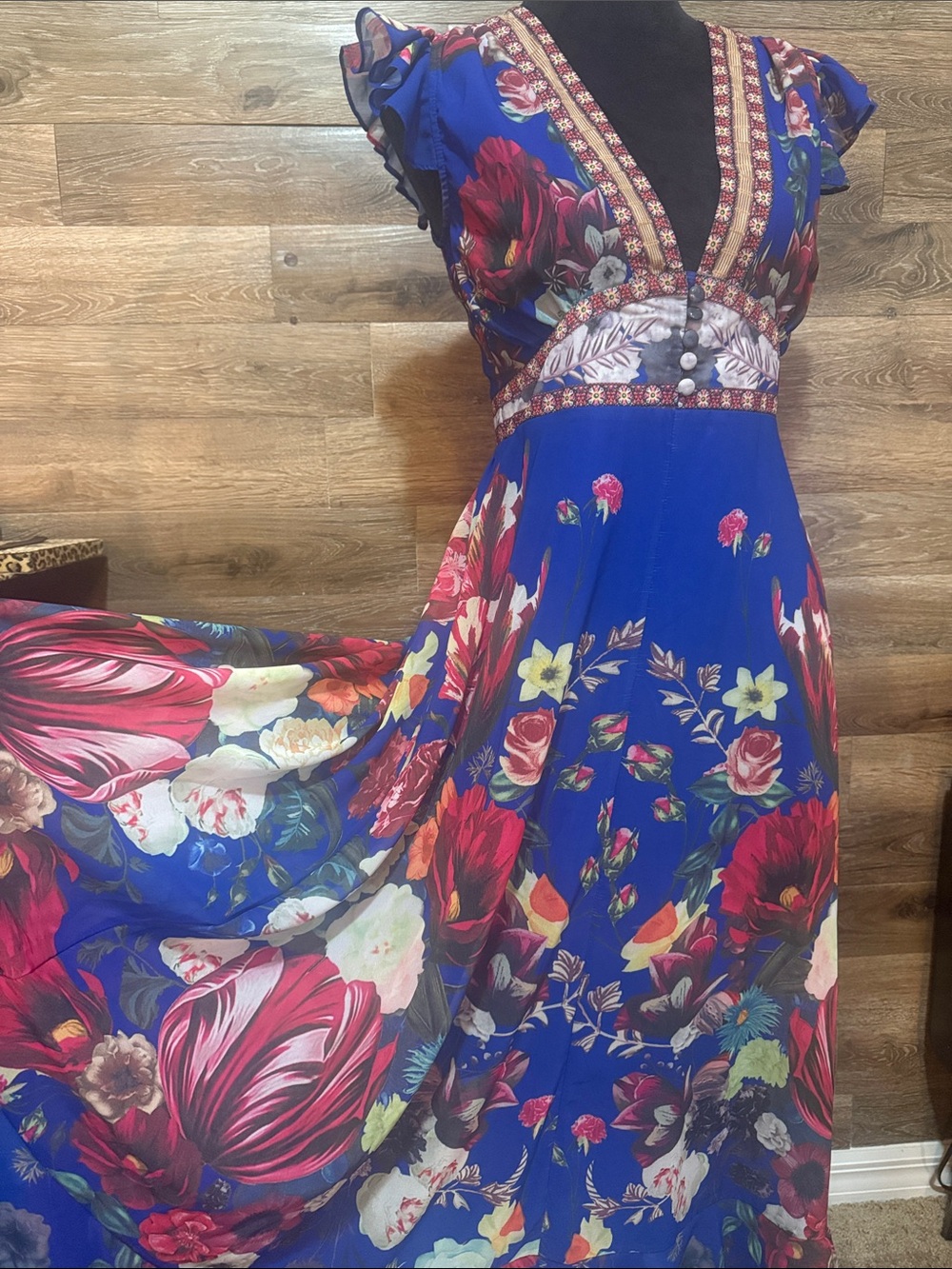Dalia Macphee M V-Neck Maxi goddess Dress in Blue floral gorgeous